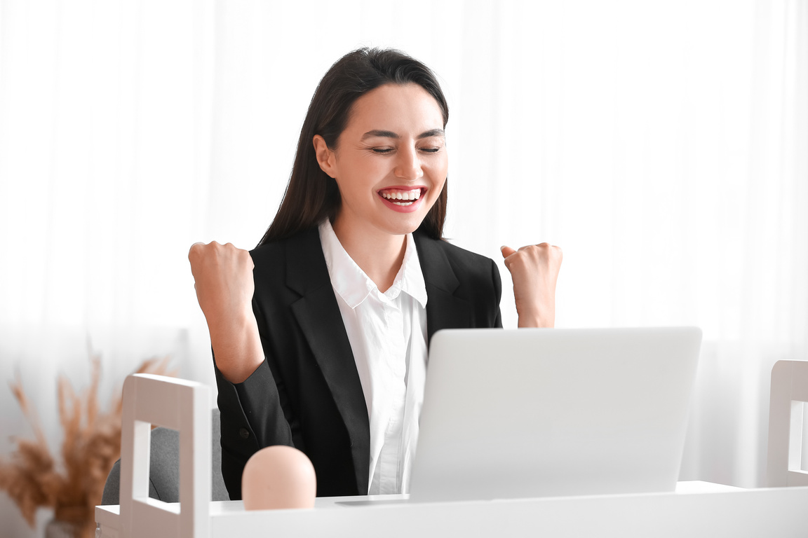 Happy Young Woman Having Interview Online at Home